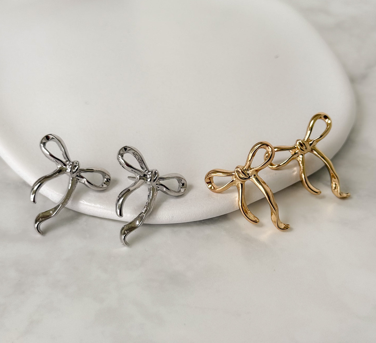 Ribbon Bow Stud Earrings - Gold