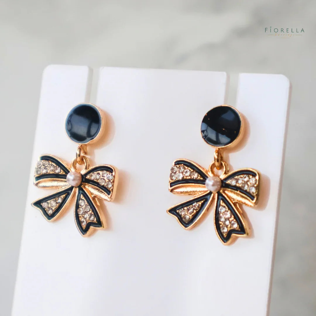 Black & Gold Enamel Bow Earrings – Crystal & Pearl Statement Studs