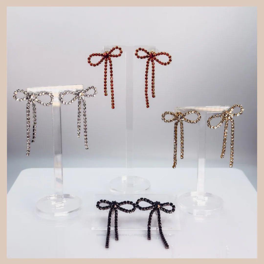 Diamante Bow Earrings - Gold