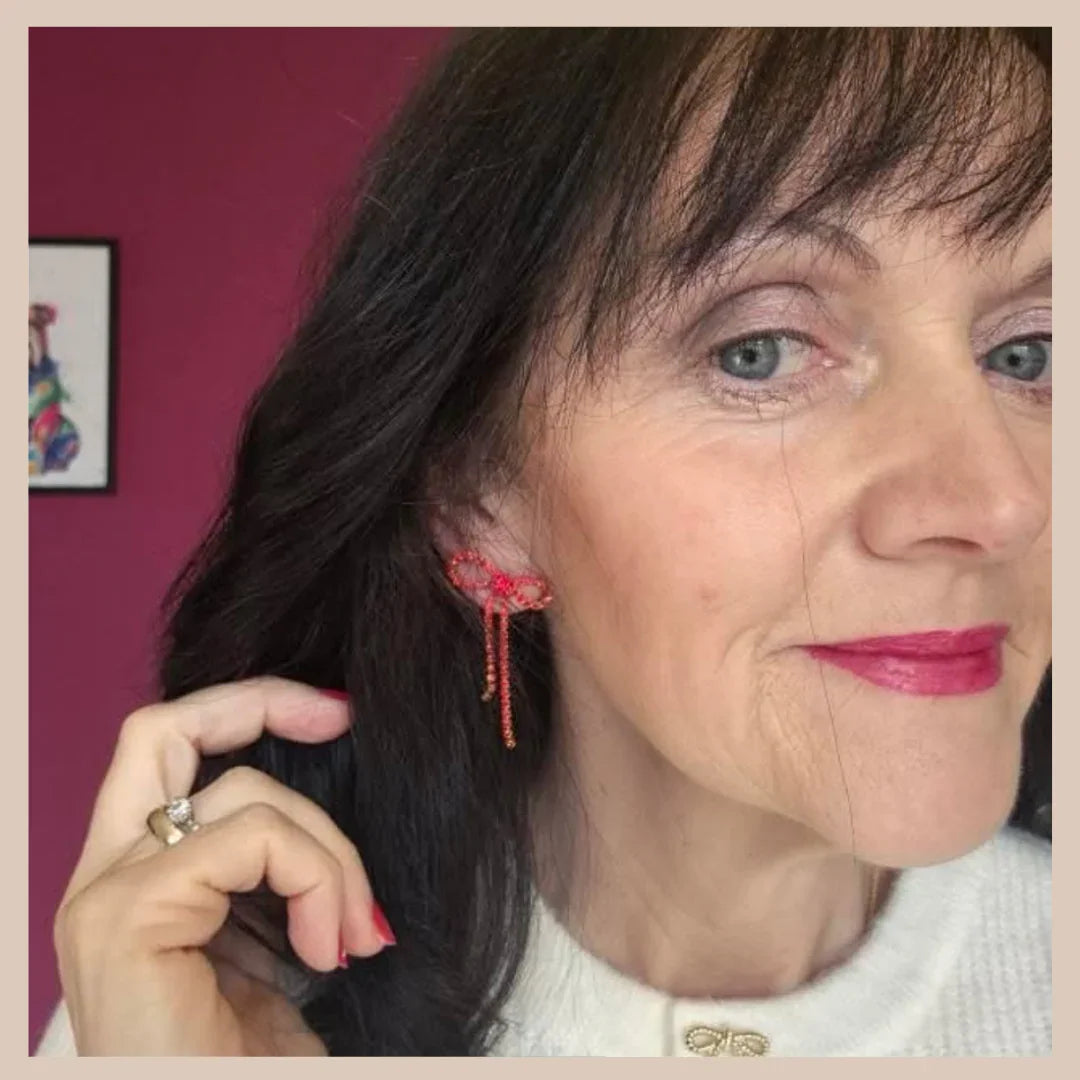 Diamante Bow Earrings - Red & Gold