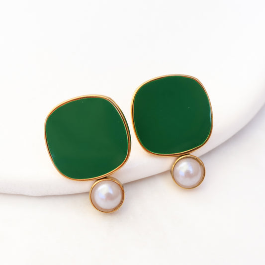 Viva Pearl Stud Earrings - Forest Green