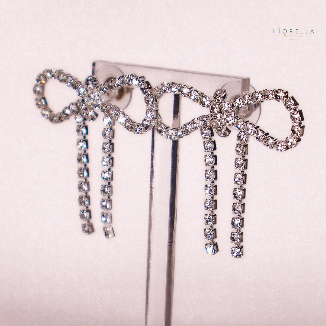 Silver Diamanté Wide Bow Earrings