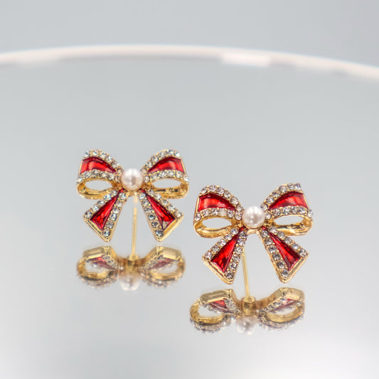 Colourful Bow Diamanté & Pearl Stud Earrings - Ruby