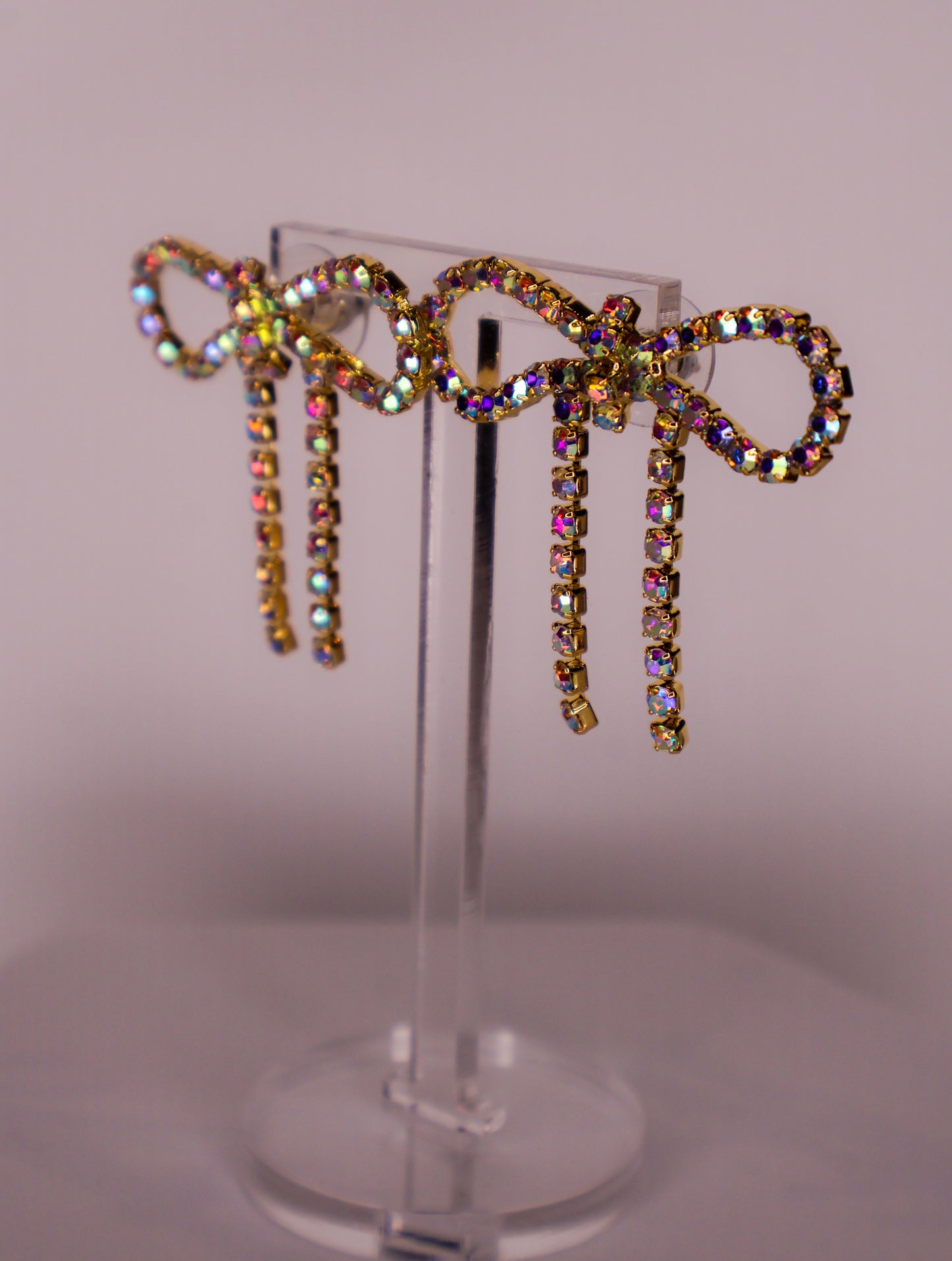 Iridescent Gold Diamanté Wide Bow Earrings