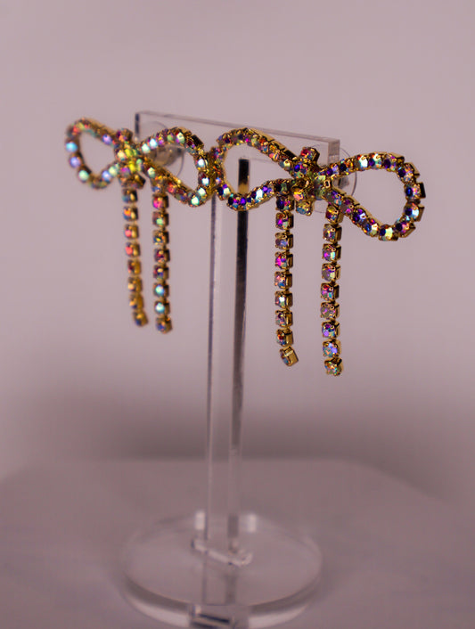 Iridescent Gold Diamanté Wide Bow Earrings