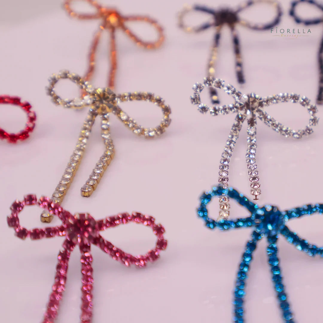 Diamante Bow Earrings - Bright Red