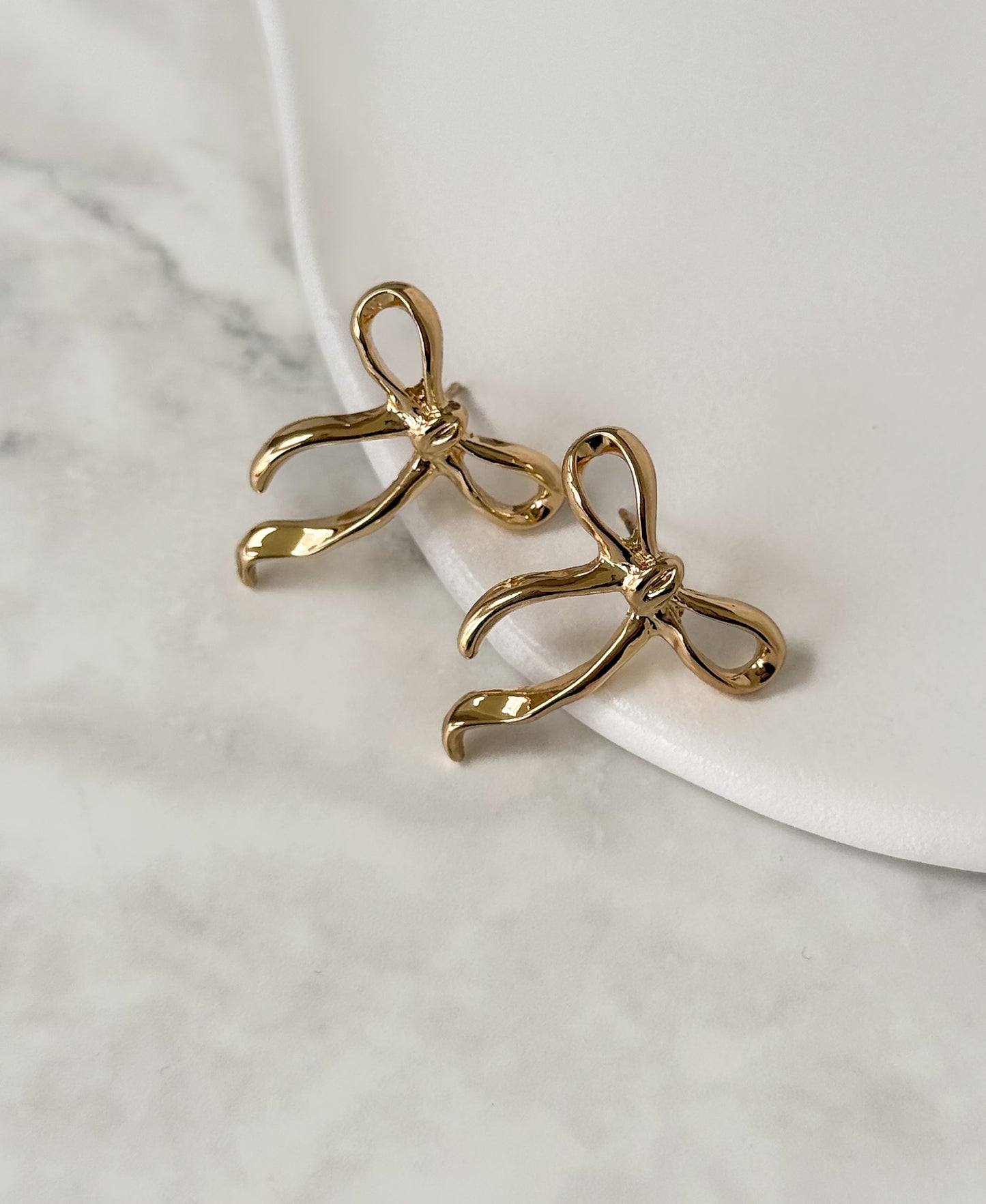 Ribbon Bow Stud Earrings - Gold