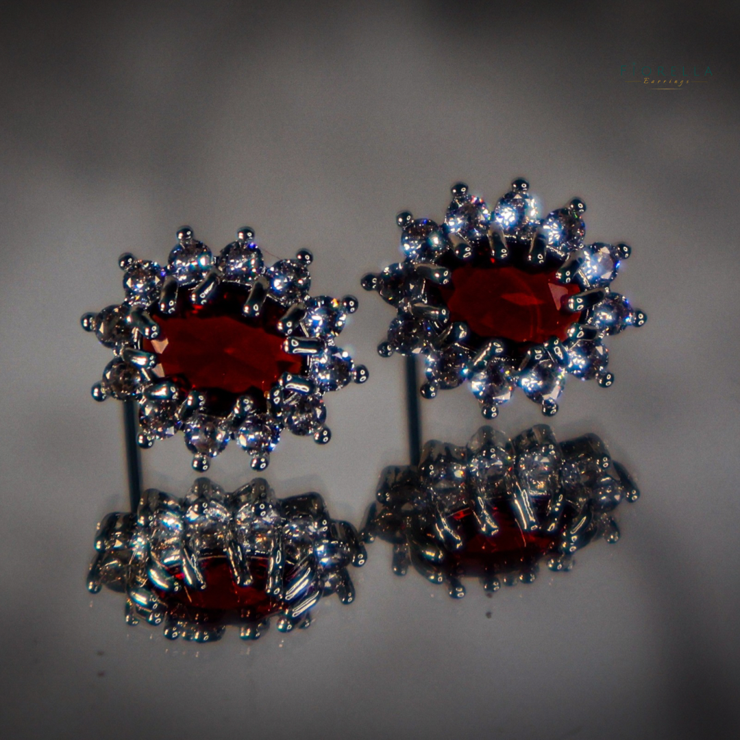 Oval Halo Studs - Ruby Red