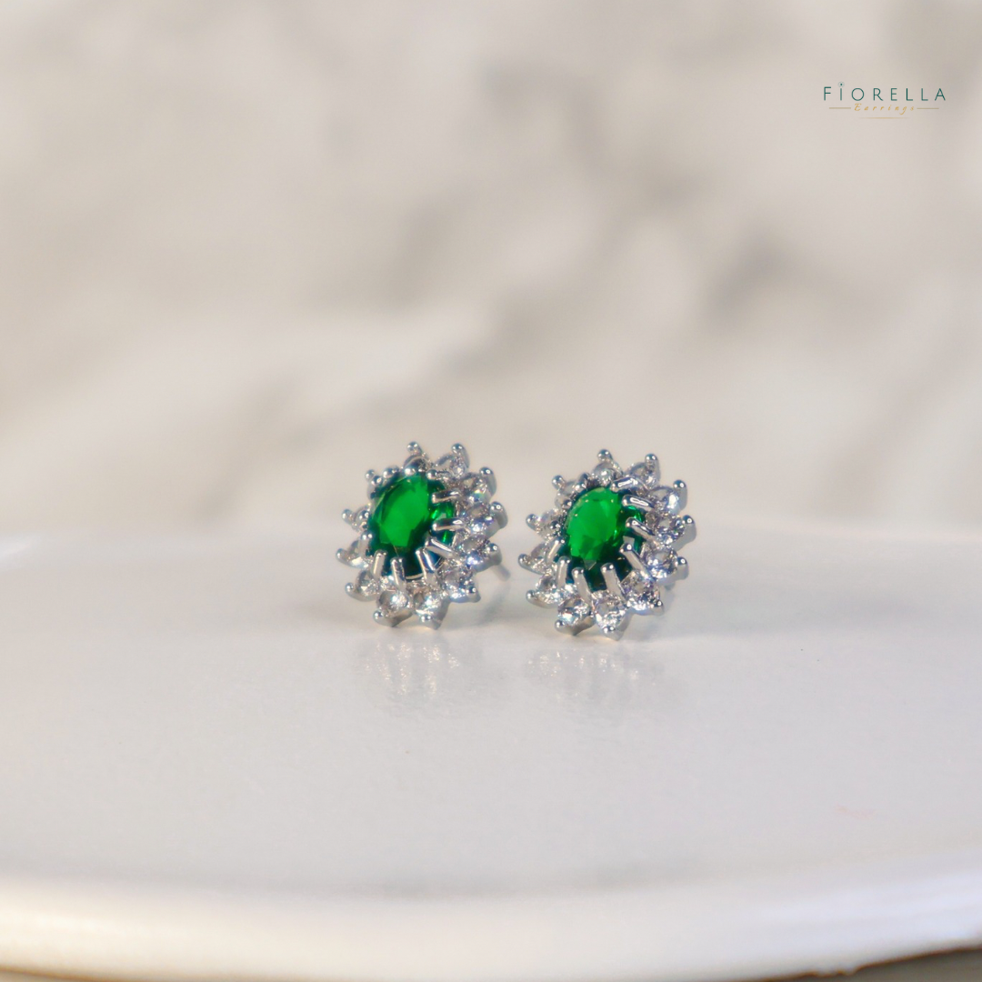 Oval Halo Studs - Emerald Green