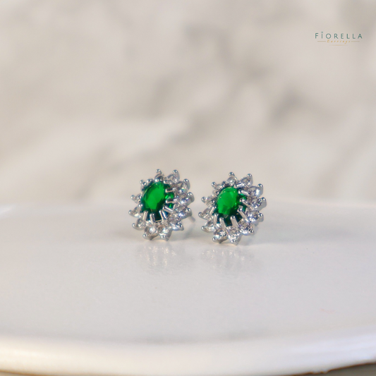 Oval Halo Studs - Emerald Green