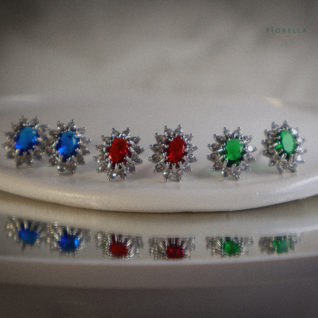 Oval Halo Studs - Ruby Red