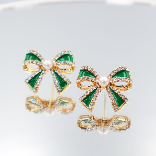 Colourful Bow Diamanté & Pearl Stud Earrings - Emerald