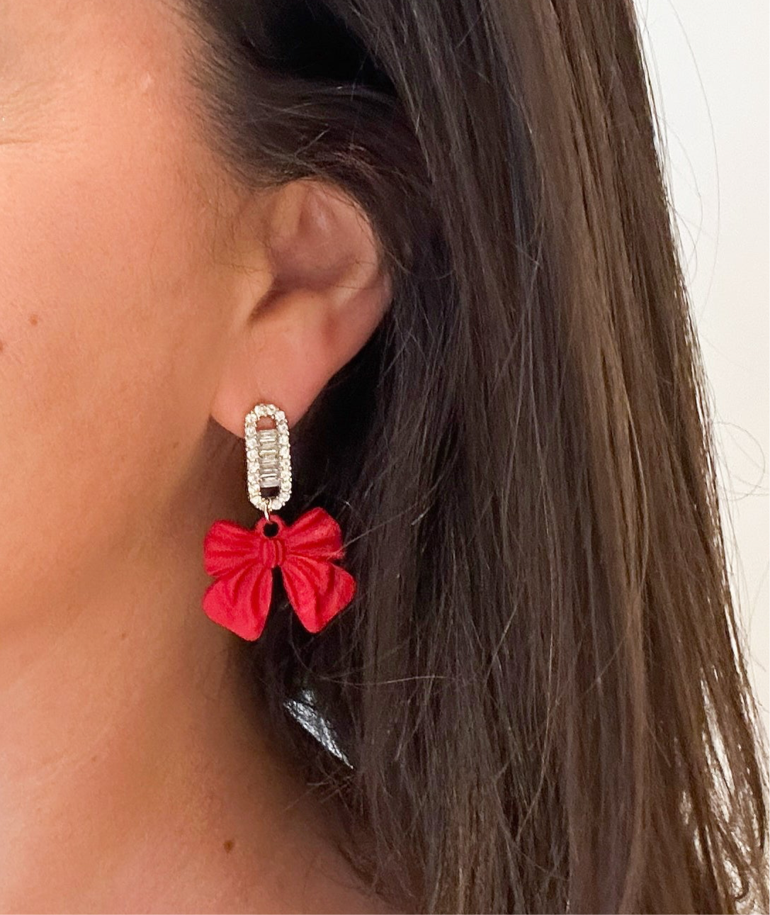 Bow & Diamanté Earrings - Red