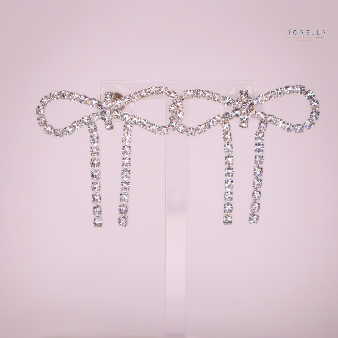Silver Diamanté Wide Bow Earrings