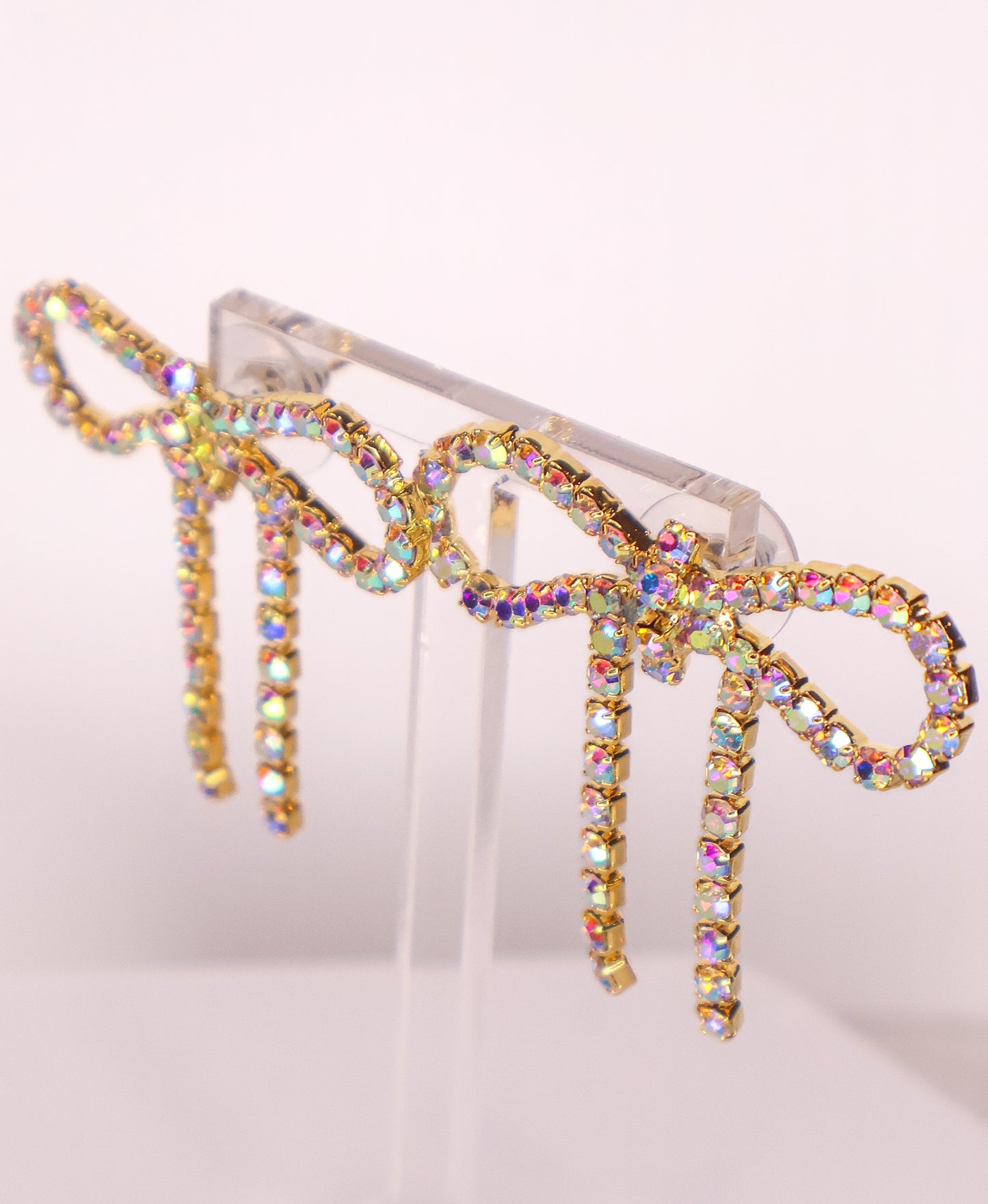 Iridescent Gold Diamanté Wide Bow Earrings