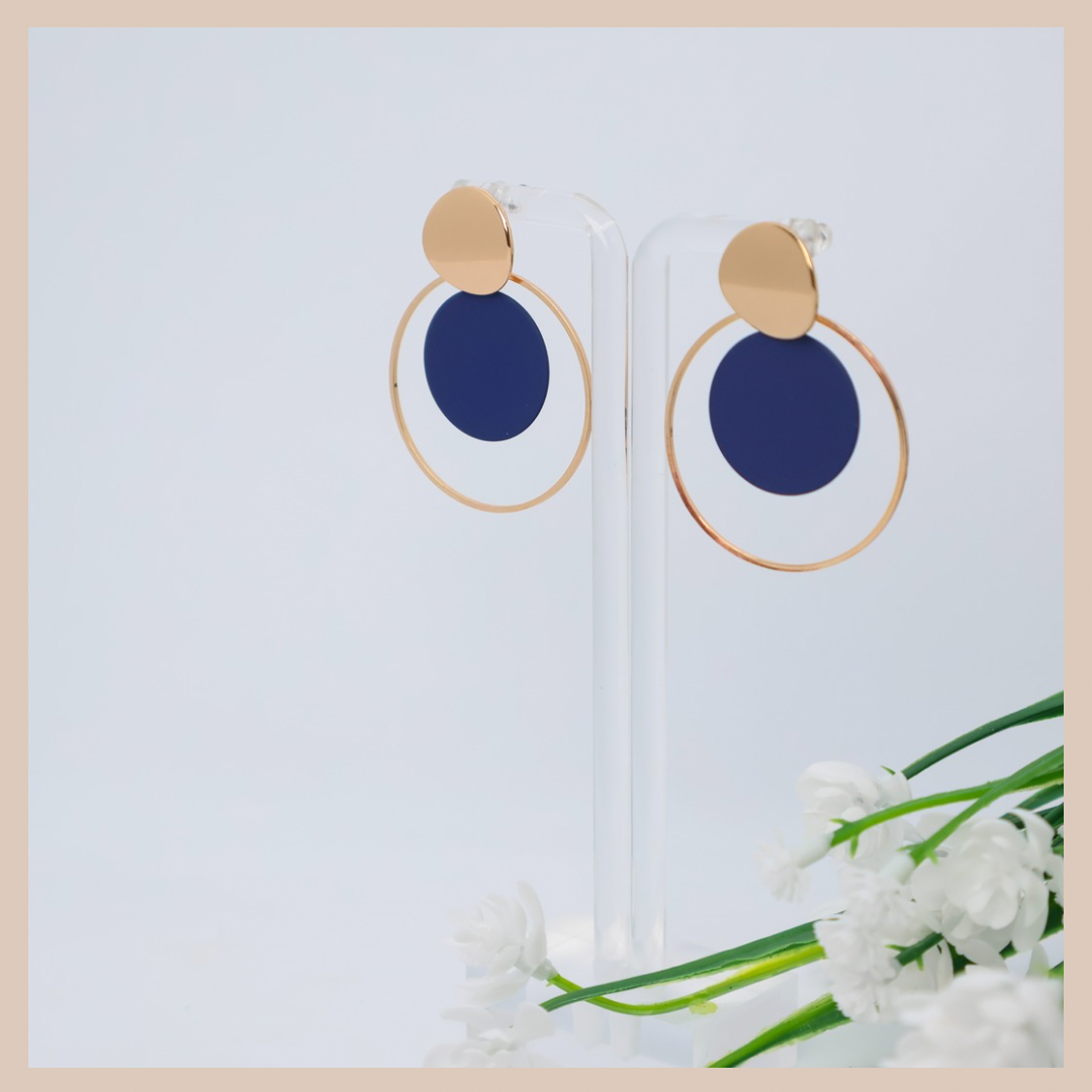 Circular Disc Earrings - Dark Blue & Gold