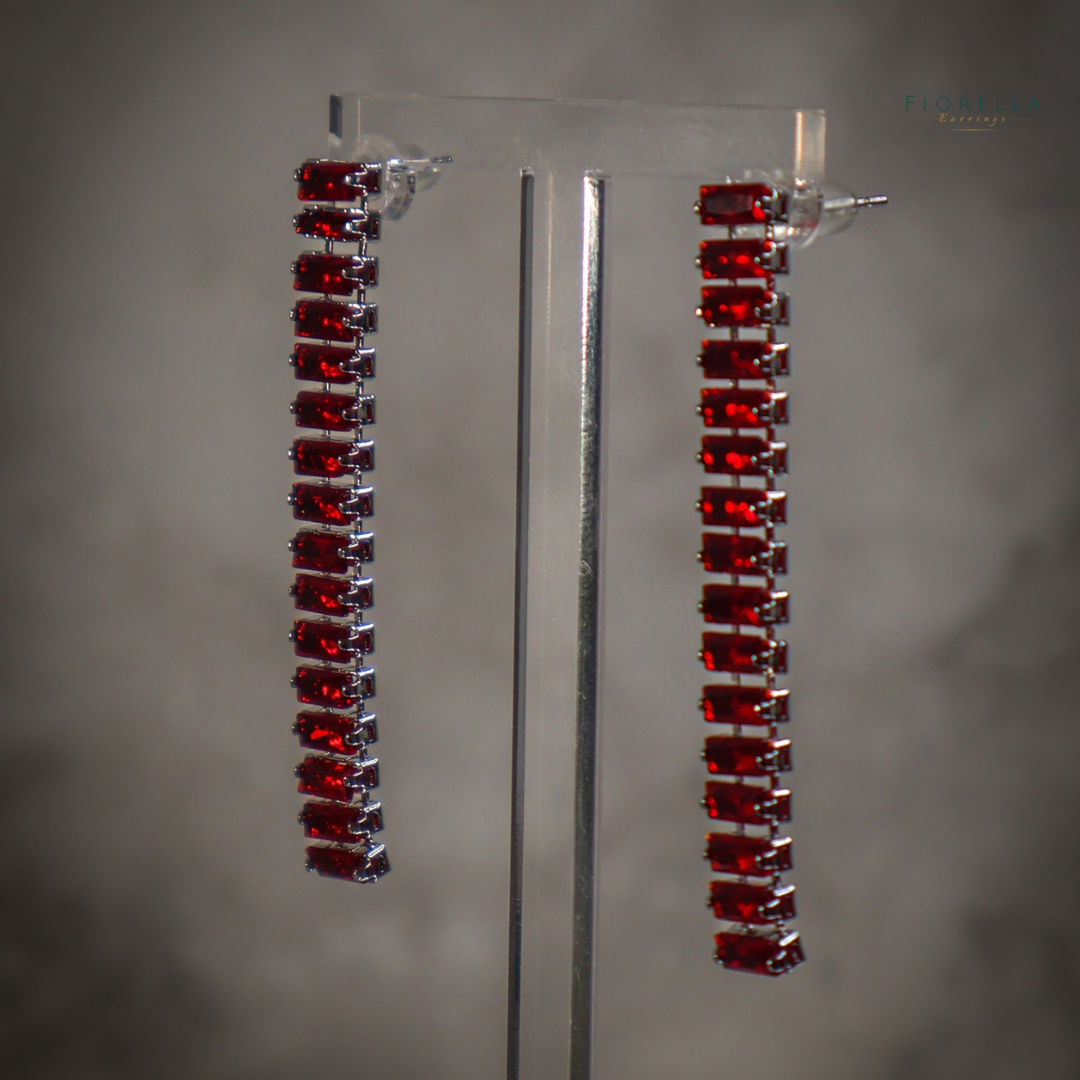 Long Crystal Bar Drop Earrings - Ruby