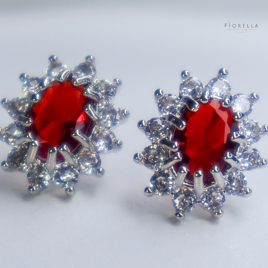 Oval Halo Studs - Ruby Red