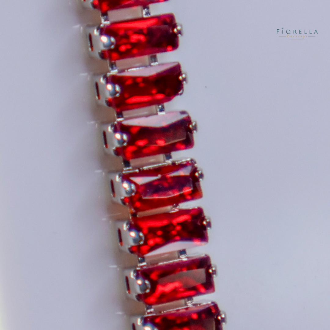 Long Crystal Bar Drop Earrings - Ruby