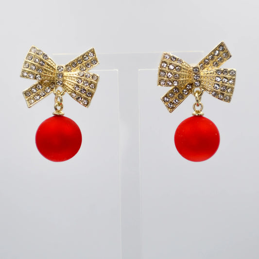 Gold diamanté bow earrings with red ball drop – festive Christmas jewellery
