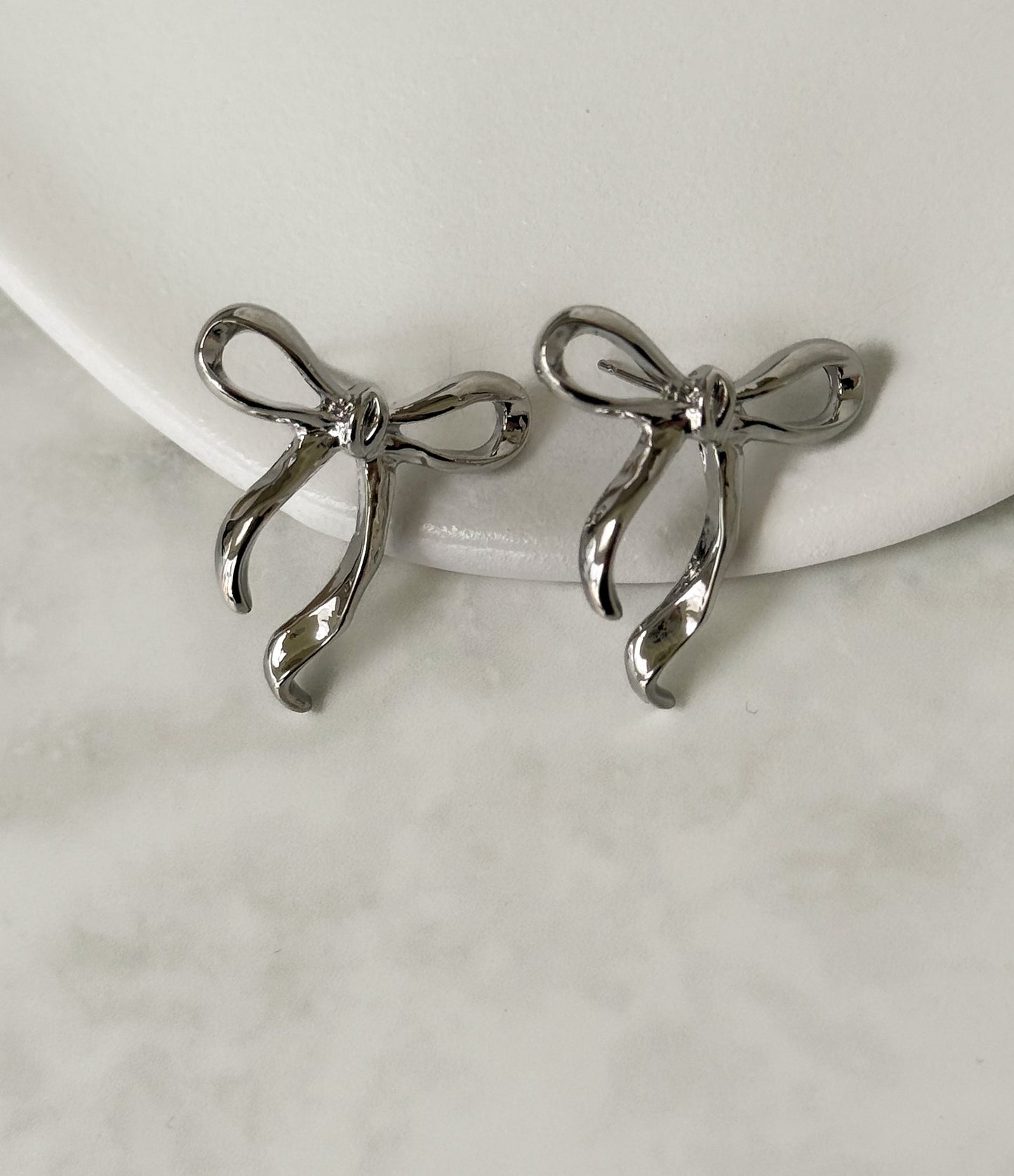 Ribbon Bow Stud Earrings - Silver