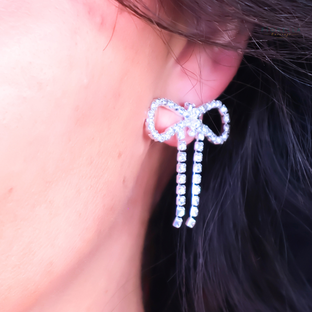 Silver Diamanté Wide Bow Earrings