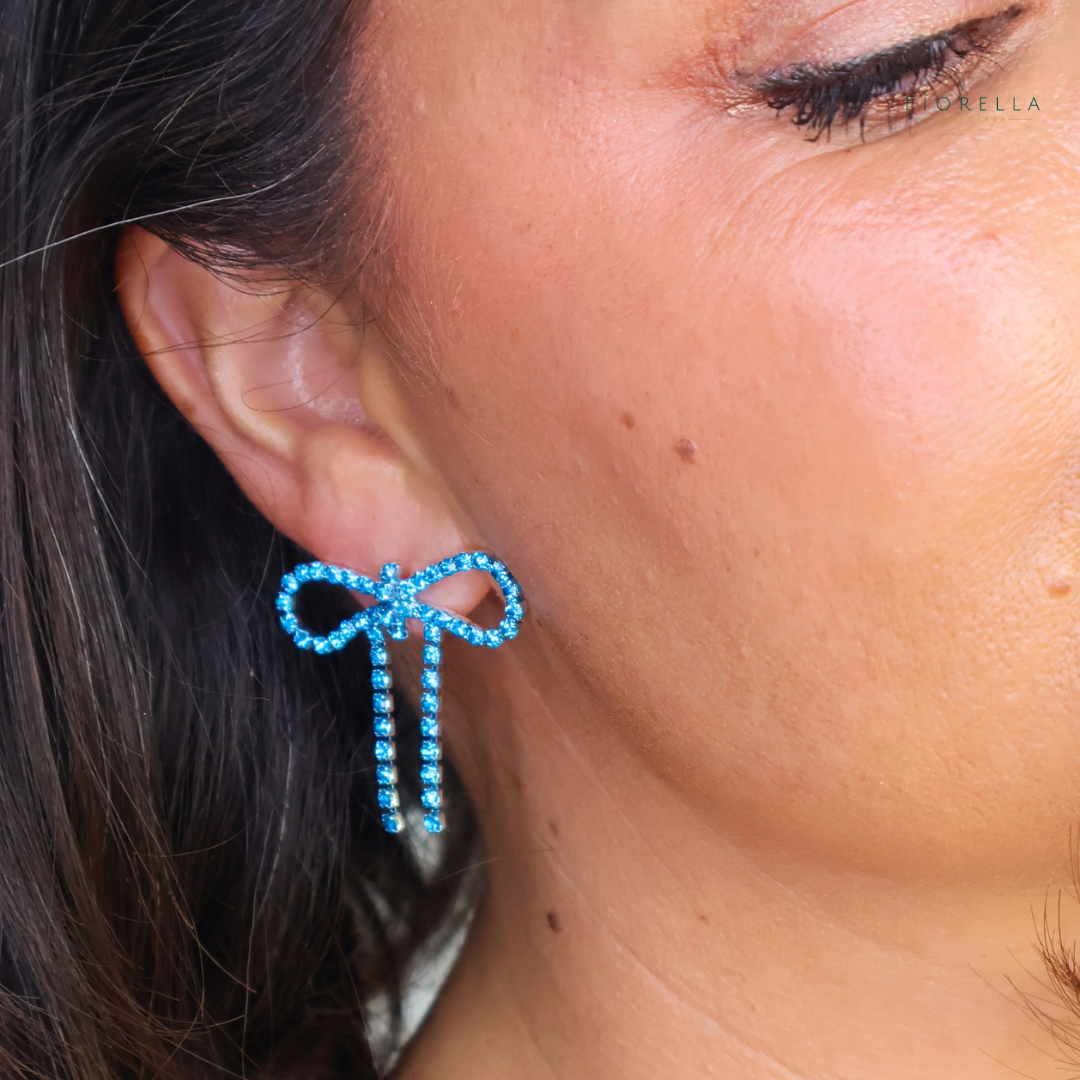 Blue Diamanté Wide Bow Earrings