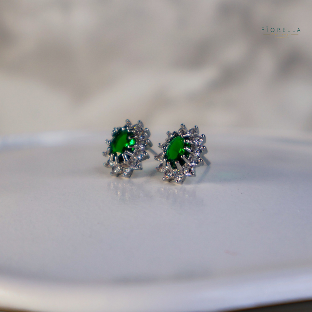 Oval Halo Studs - Emerald Green