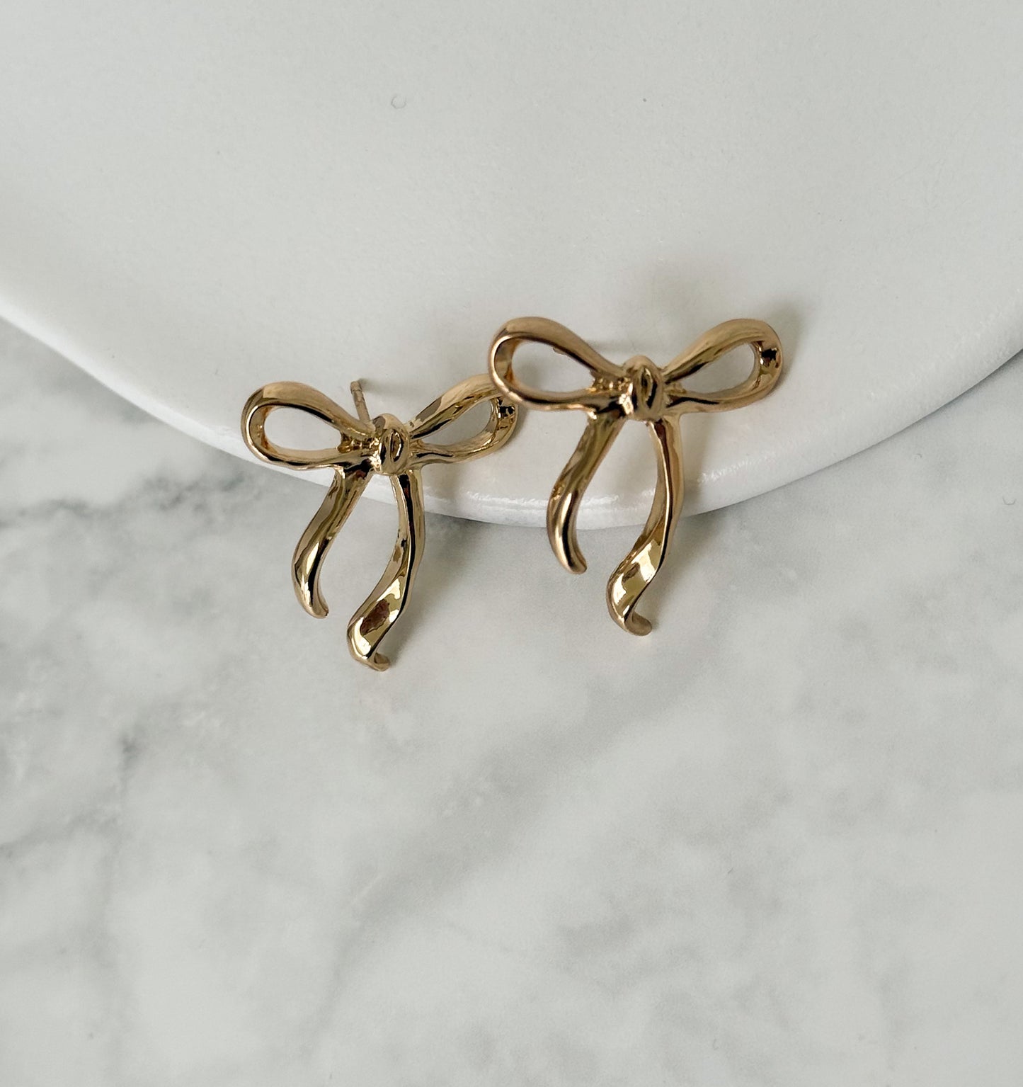 Ribbon Bow Stud Earrings - Gold