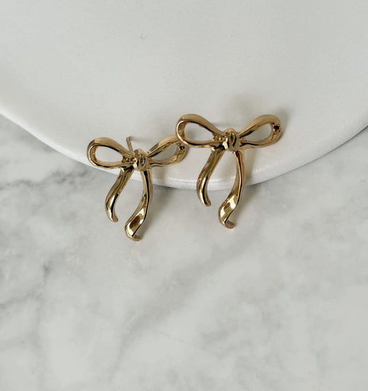 Ribbon Bow Stud Earrings - Gold