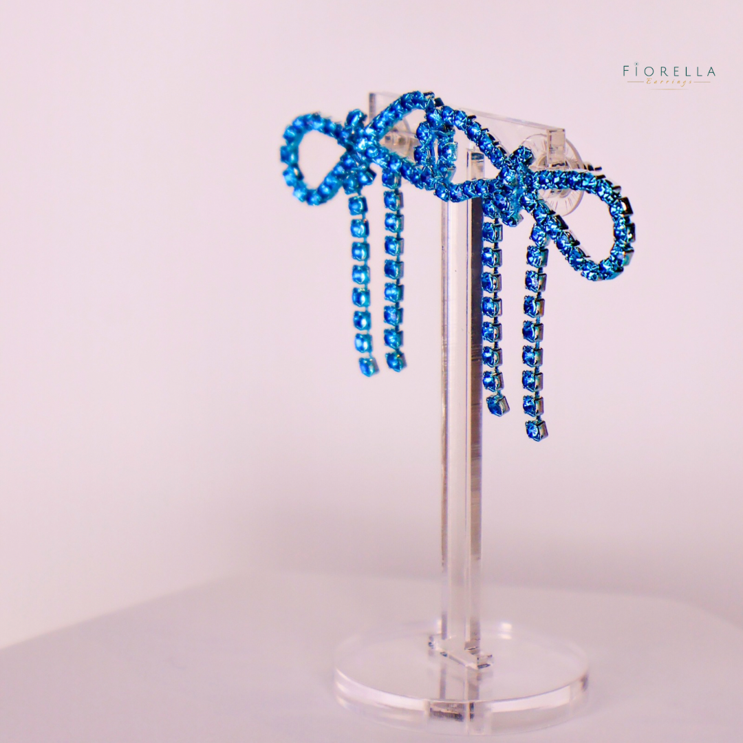 Blue Diamanté Wide Bow Earrings