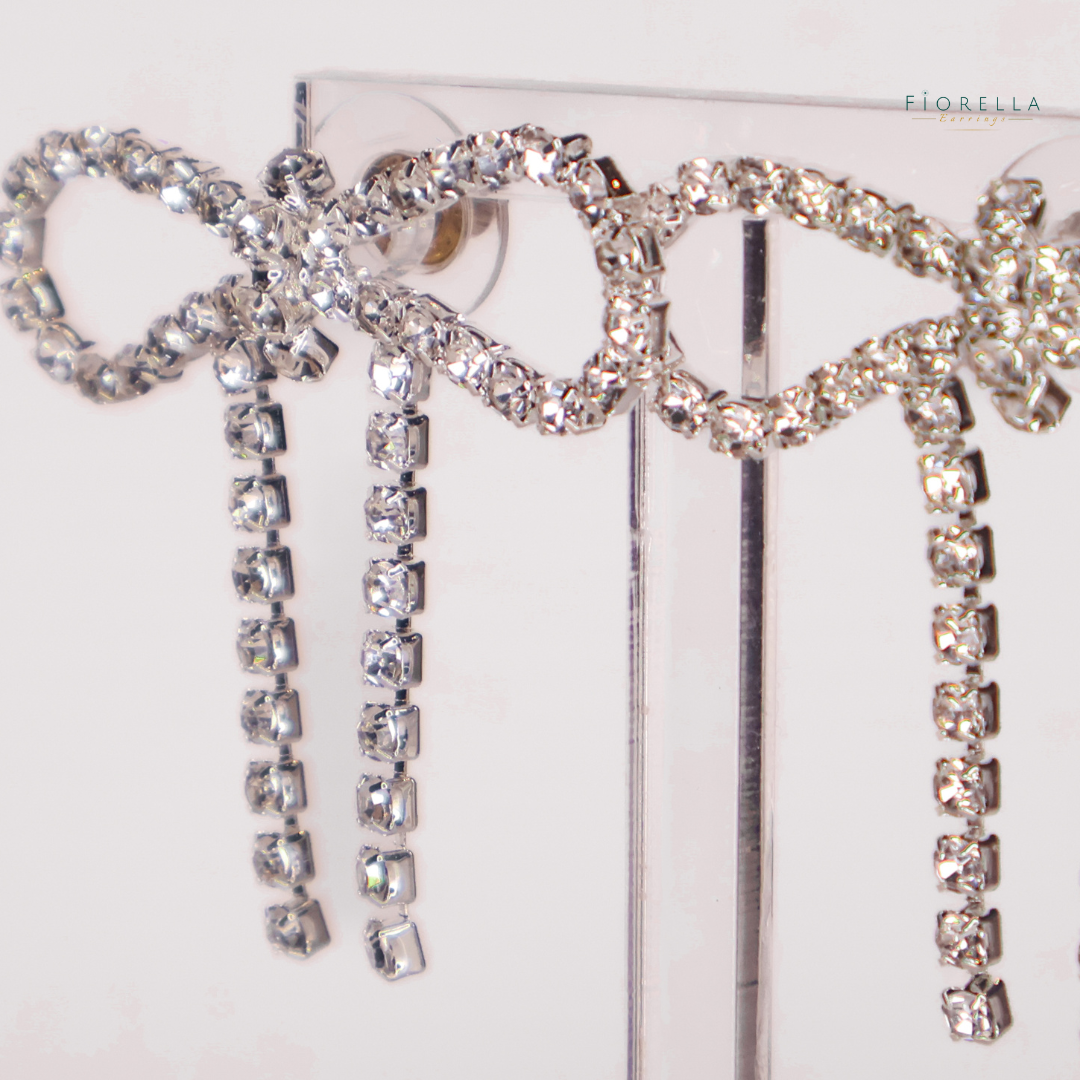 Silver Diamanté Wide Bow Earrings