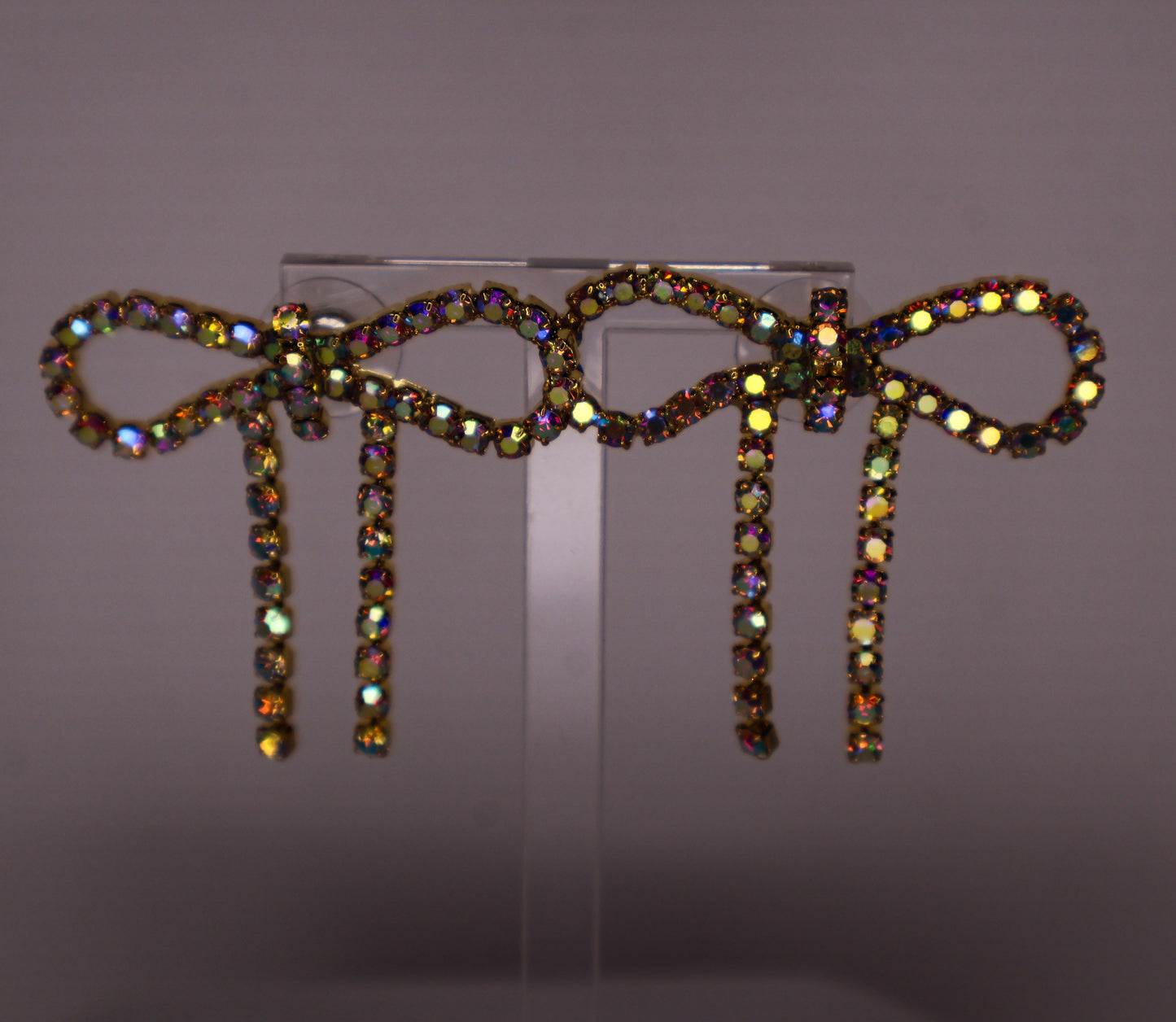 Iridescent Gold Diamanté Wide Bow Earrings