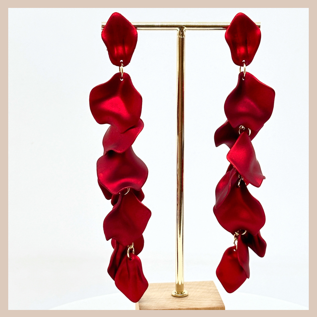 Acrylic Petal Tassel Drop Earrings - Ruby Shimmer