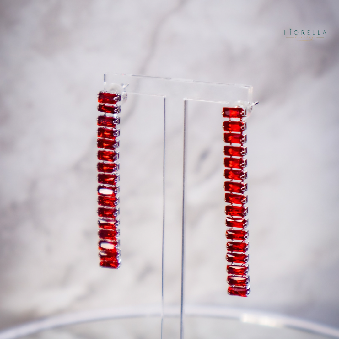 Long Crystal Bar Drop Earrings - Ruby