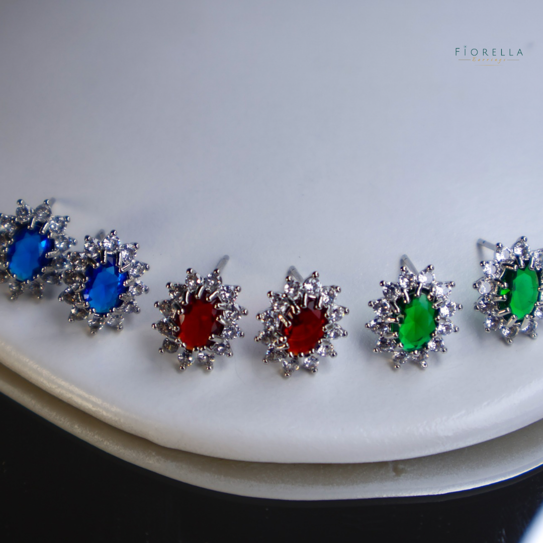 Oval Halo Studs - Ruby Red