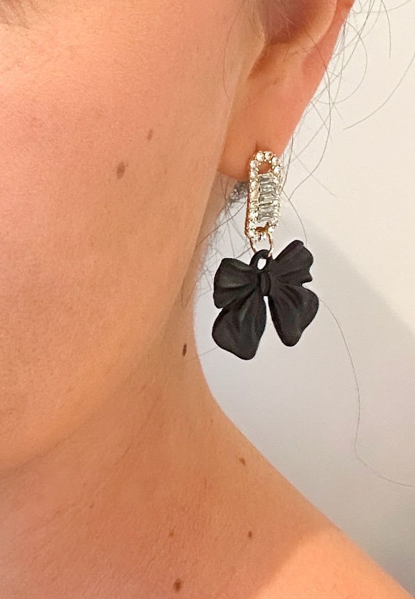 Bow & Diamanté Earrings - Black