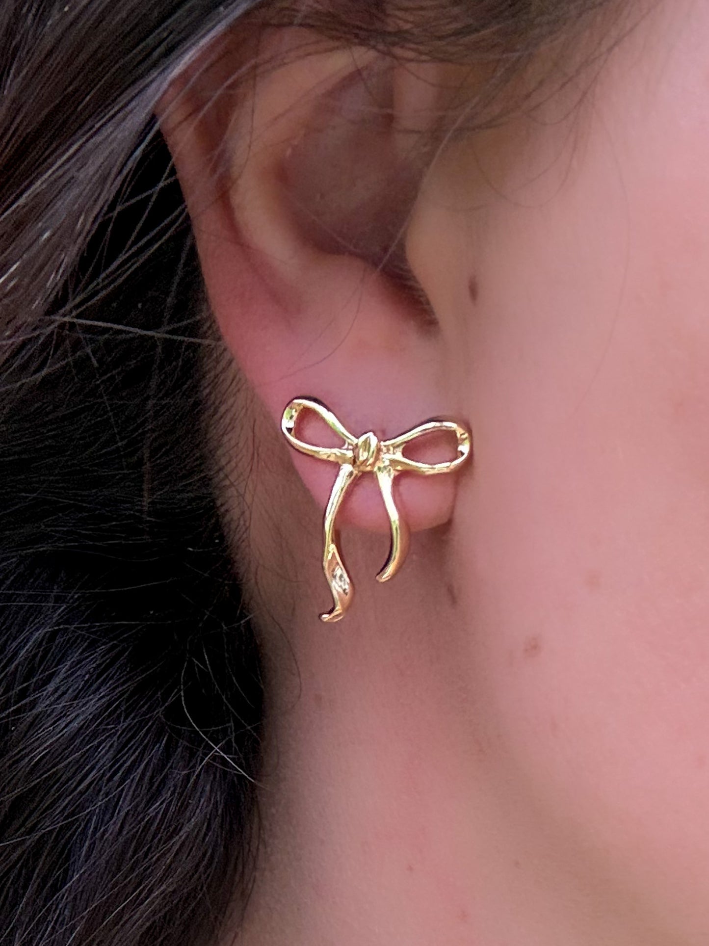 Ribbon Bow Stud Earrings - Gold