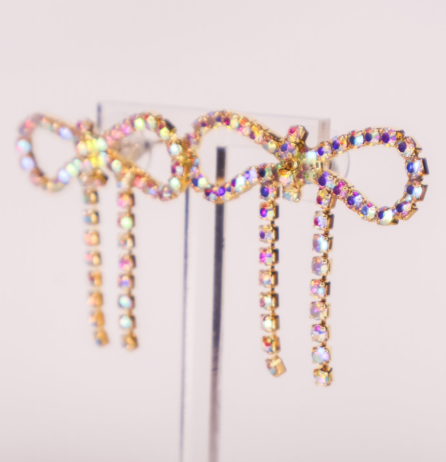 Iridescent Gold Diamanté Wide Bow Earrings