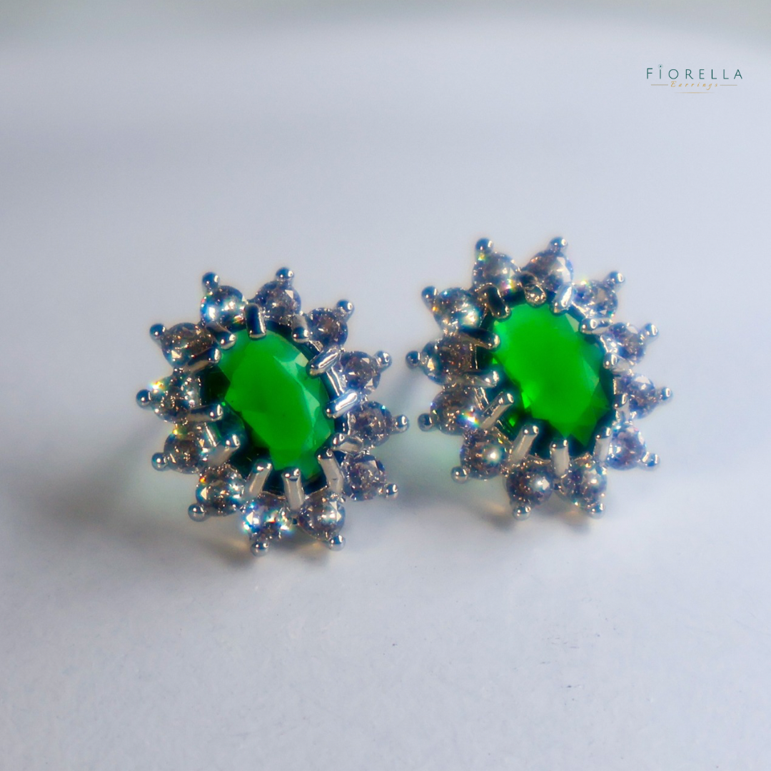 Oval Halo Studs - Emerald Green