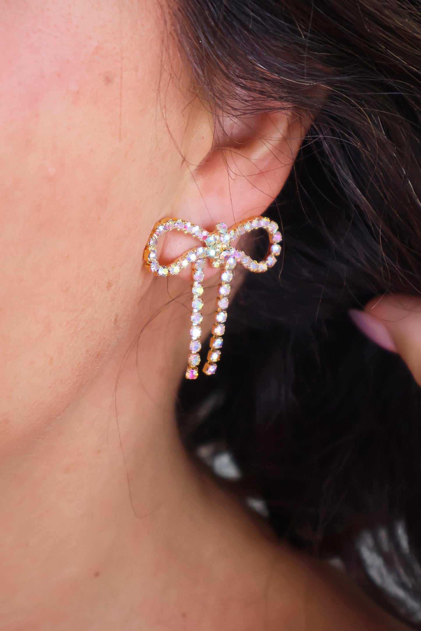 Iridescent Gold Diamanté Wide Bow Earrings