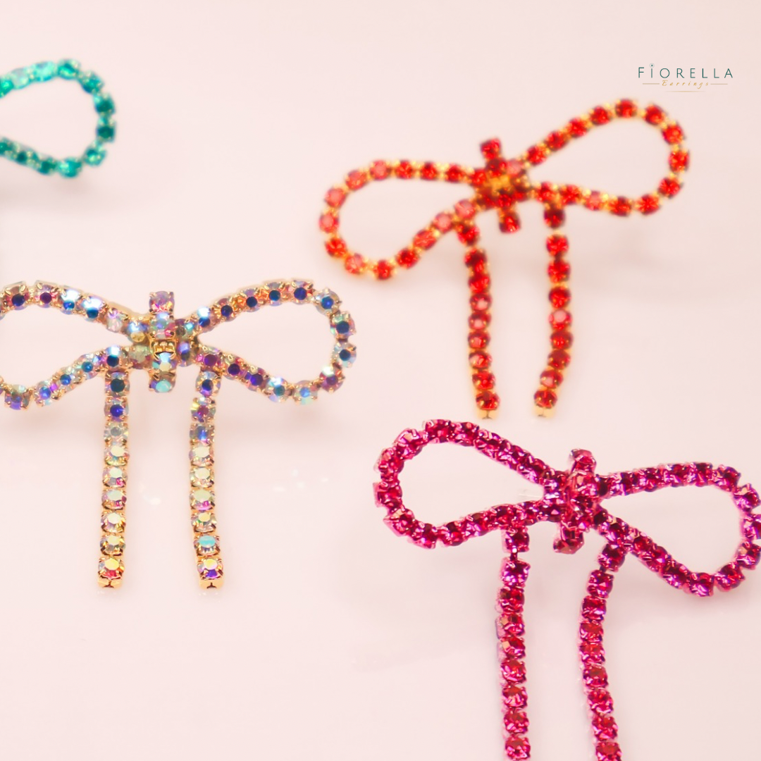 Iridescent Gold Diamanté Wide Bow Earrings