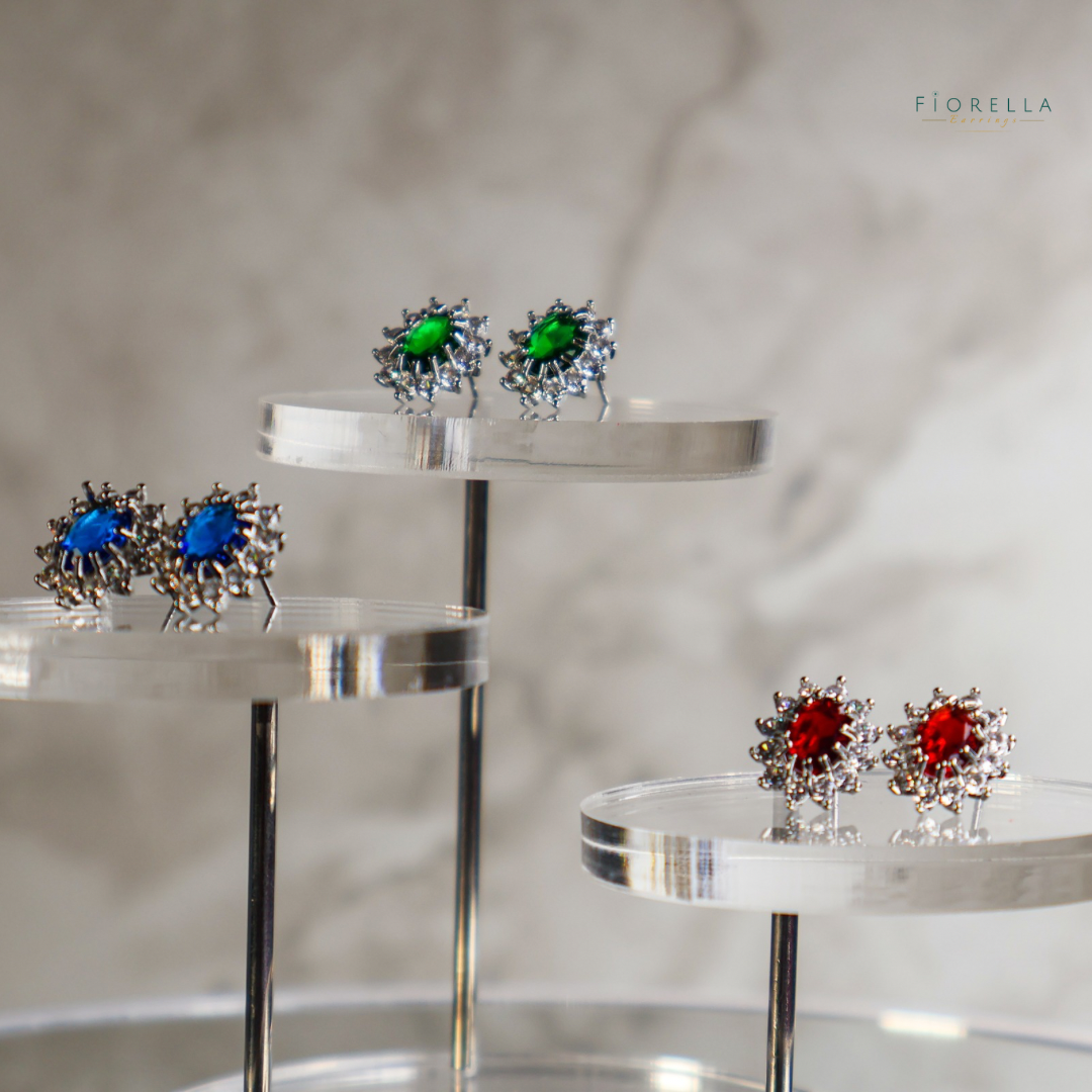 Oval Halo Studs - Ruby Red