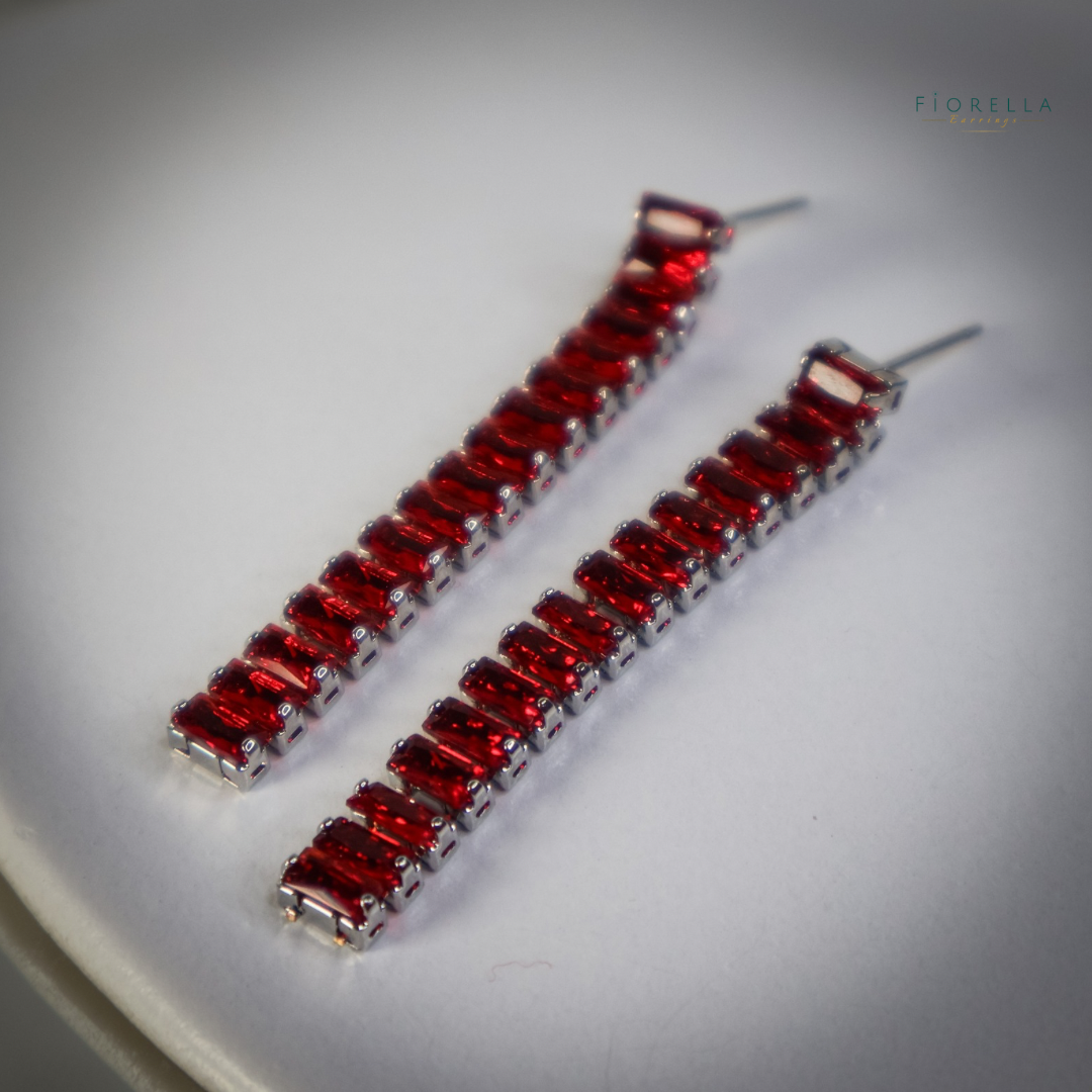 Long Crystal Bar Drop Earrings - Ruby