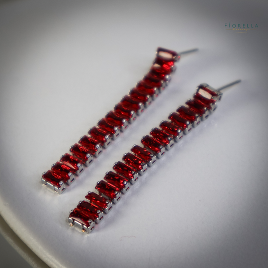 Long Crystal Bar Drop Earrings - Ruby