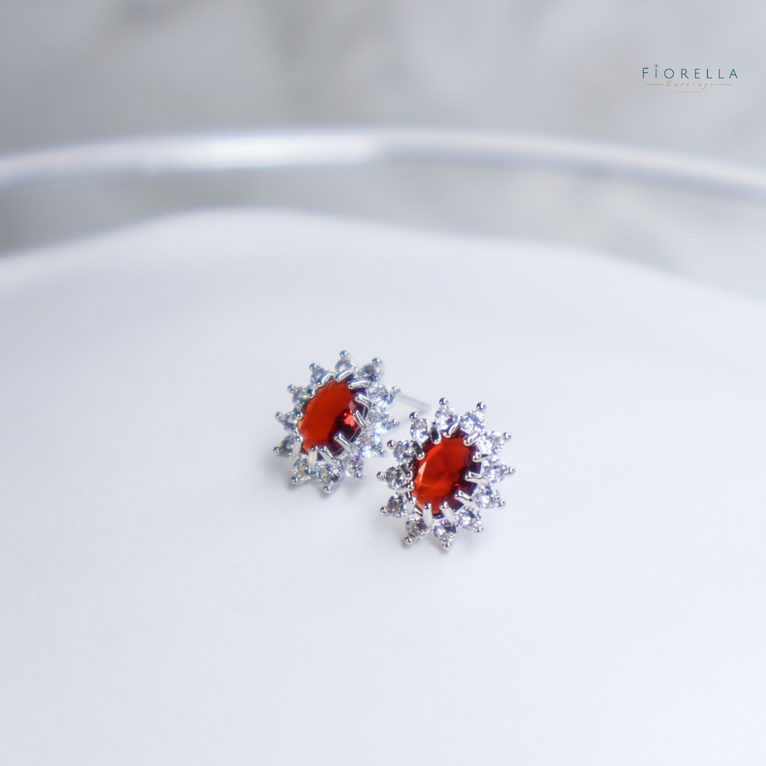 Oval Halo Studs - Ruby Red