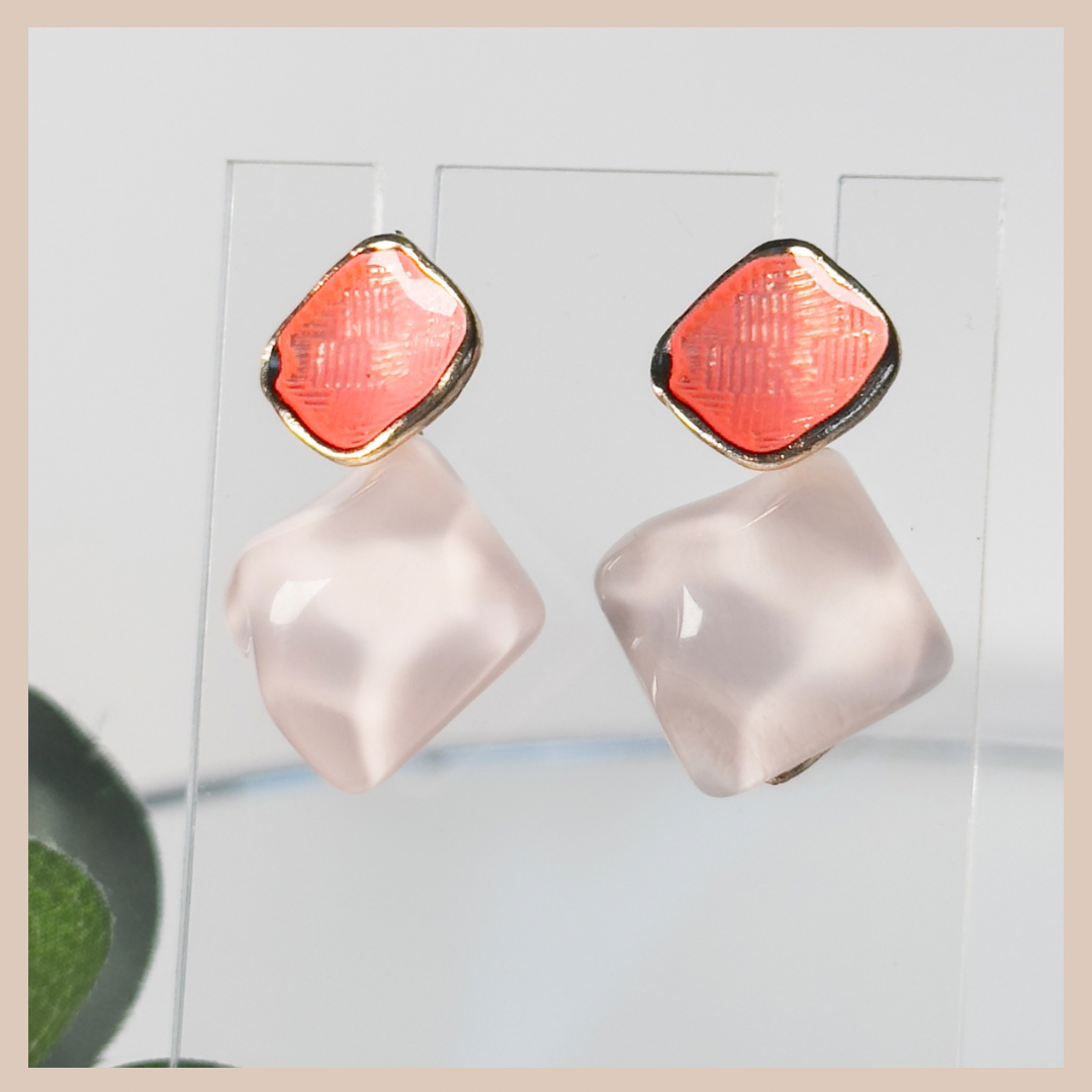 2 Tone Fixed Drop Earrings - Pink