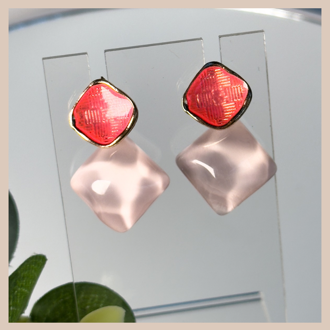 2 Tone Fixed Drop Earrings - Pink