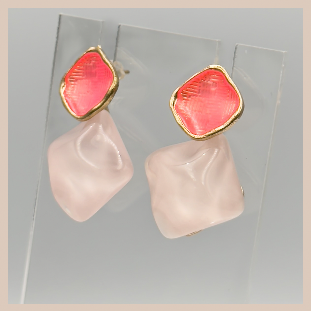 2 Tone Fixed Drop Earrings - Pink