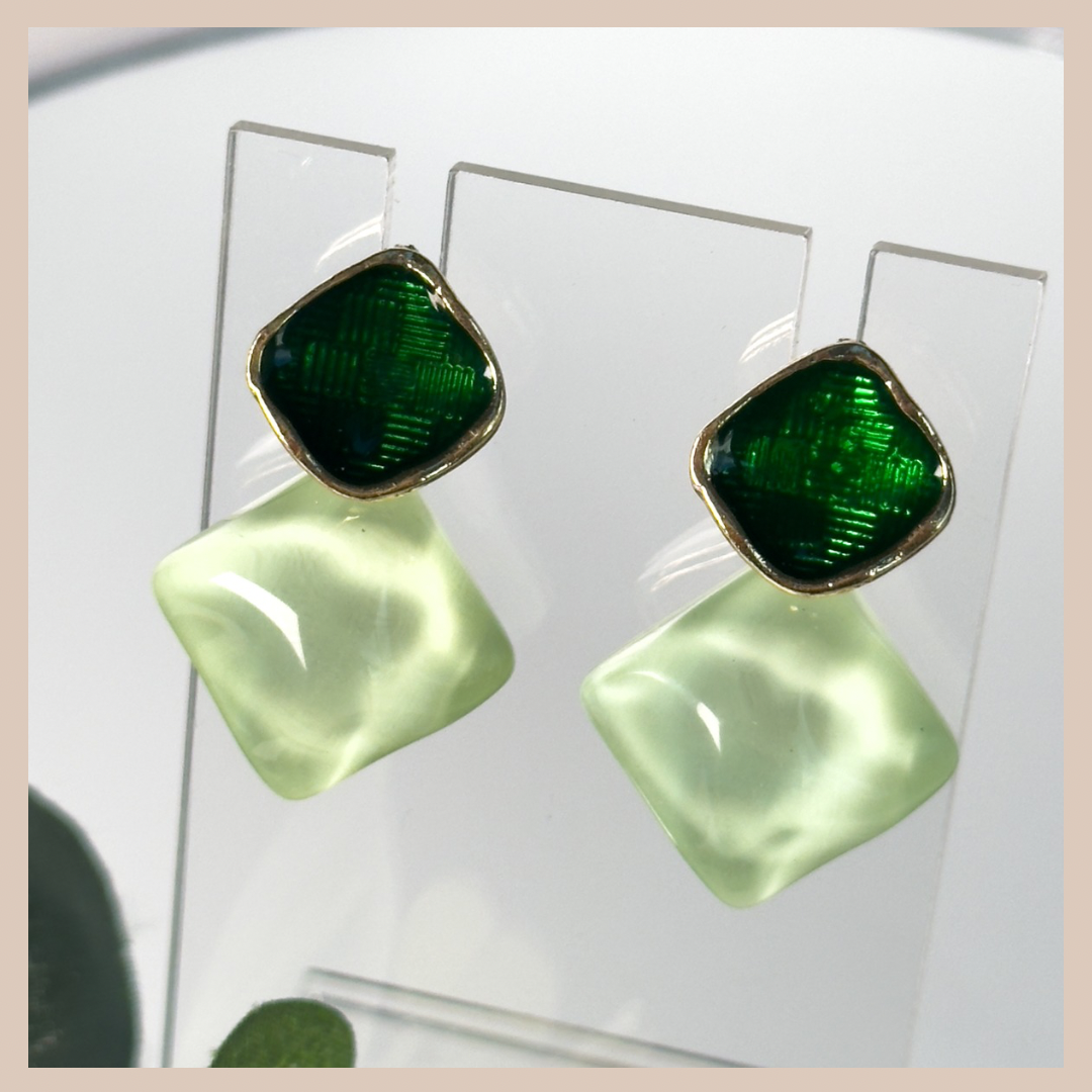 2 Tone Fixed Drop Earrings - Green